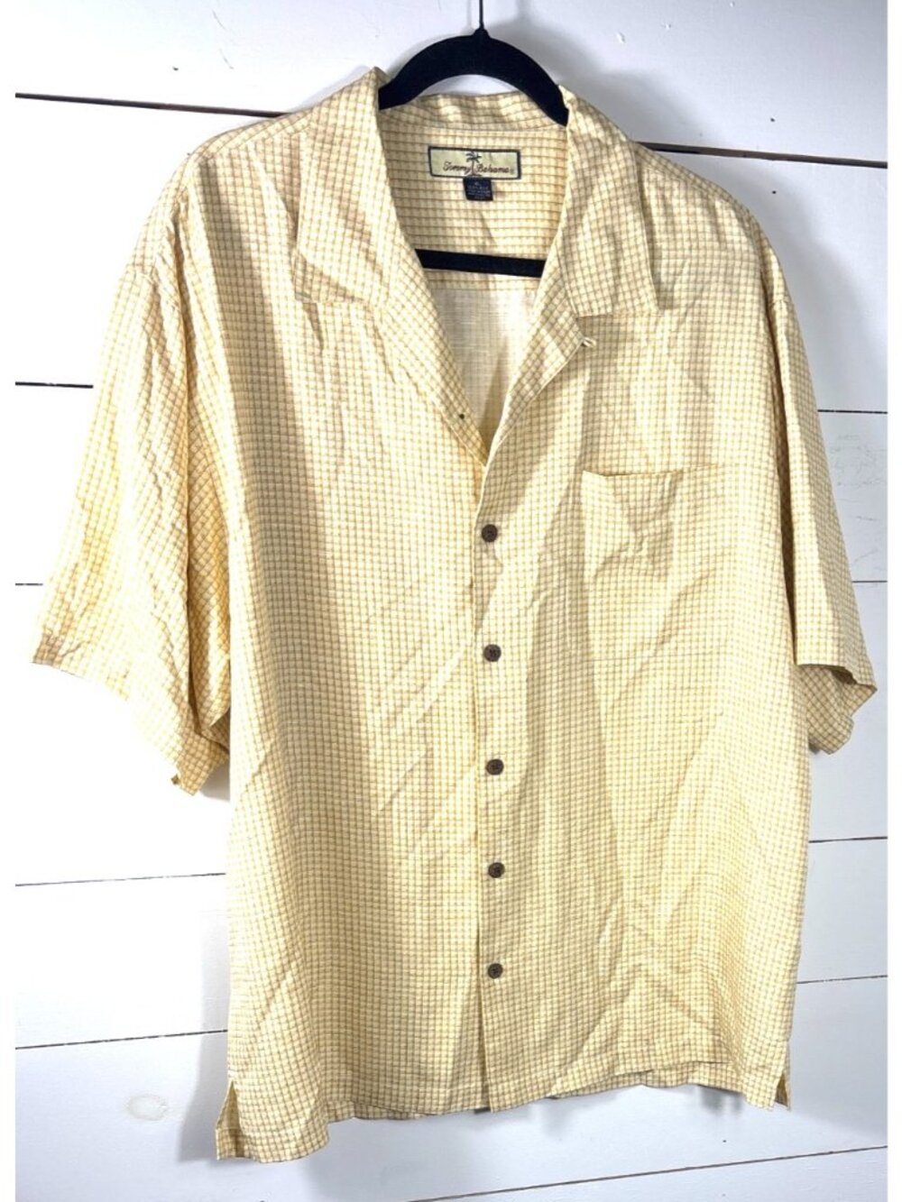 Tommy Bahama Mens XL Yellow Checkered 100% Silk Short Sleeve Button Shirt